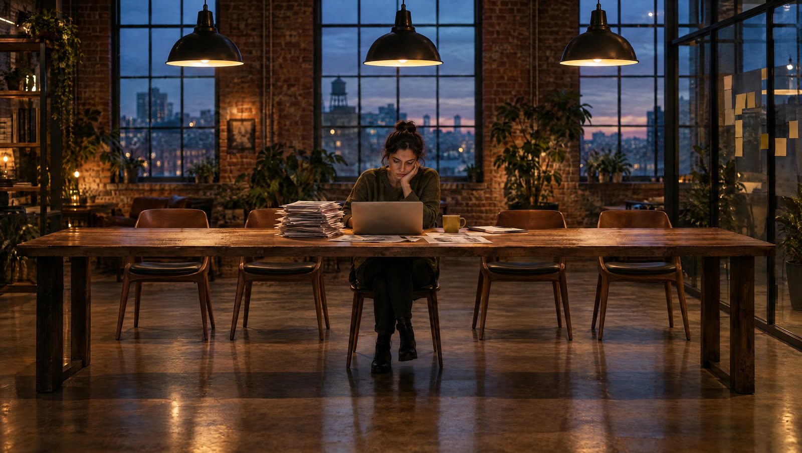 A founder alone at a long table late at night, thinking over a stack of papers
